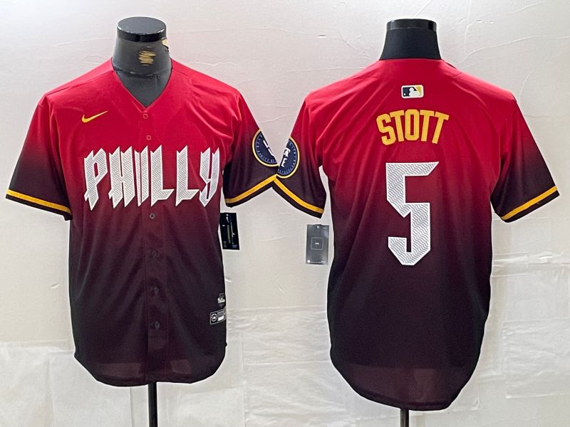 Men Philadelphia Phillies 5 Stott Red City Edition Nike 2024 MLB Jersey style 1